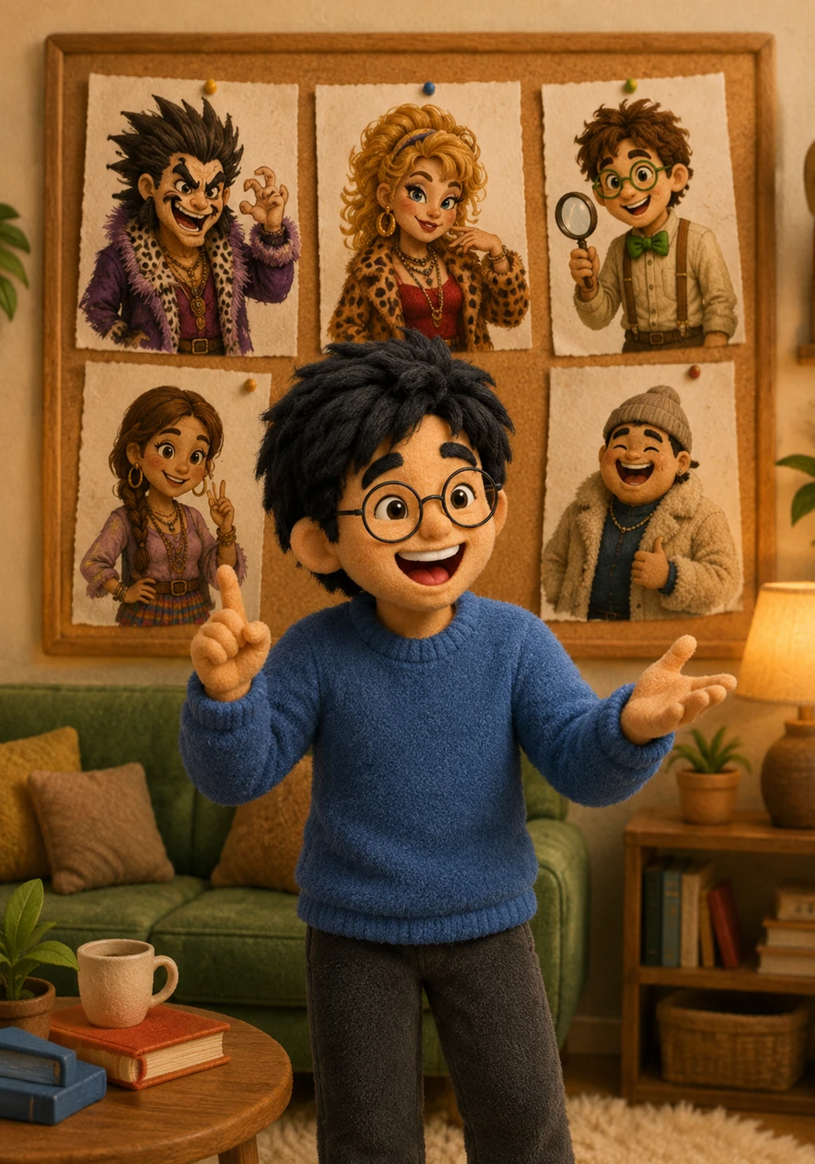 In a brightly lit contemporary living room, Rahul enthusiastically gestures with his hands as he explains his grand vision for a hilarious one-act comedy play. His colorful character sketches are pinned to a corkboard behind him, showcasing a diverse cast of five distinct personalities waiting to come alive.