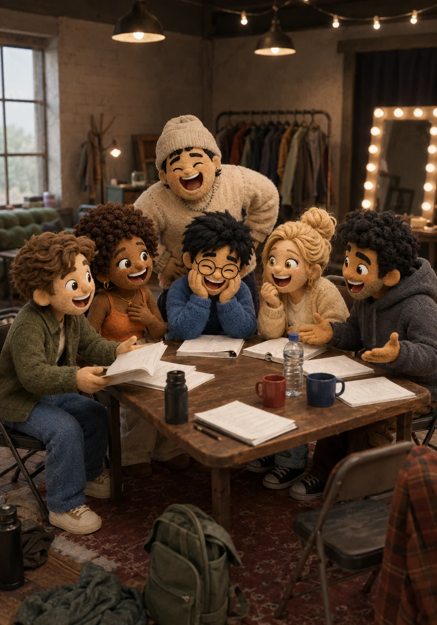 A chaotic rehearsal space fills with energy as the eccentric cast members gather around a wooden table, each bringing their own vivid quirks to the room. The air is thick with anticipation and comedic potential as they prepare to read the very first draft of the script.