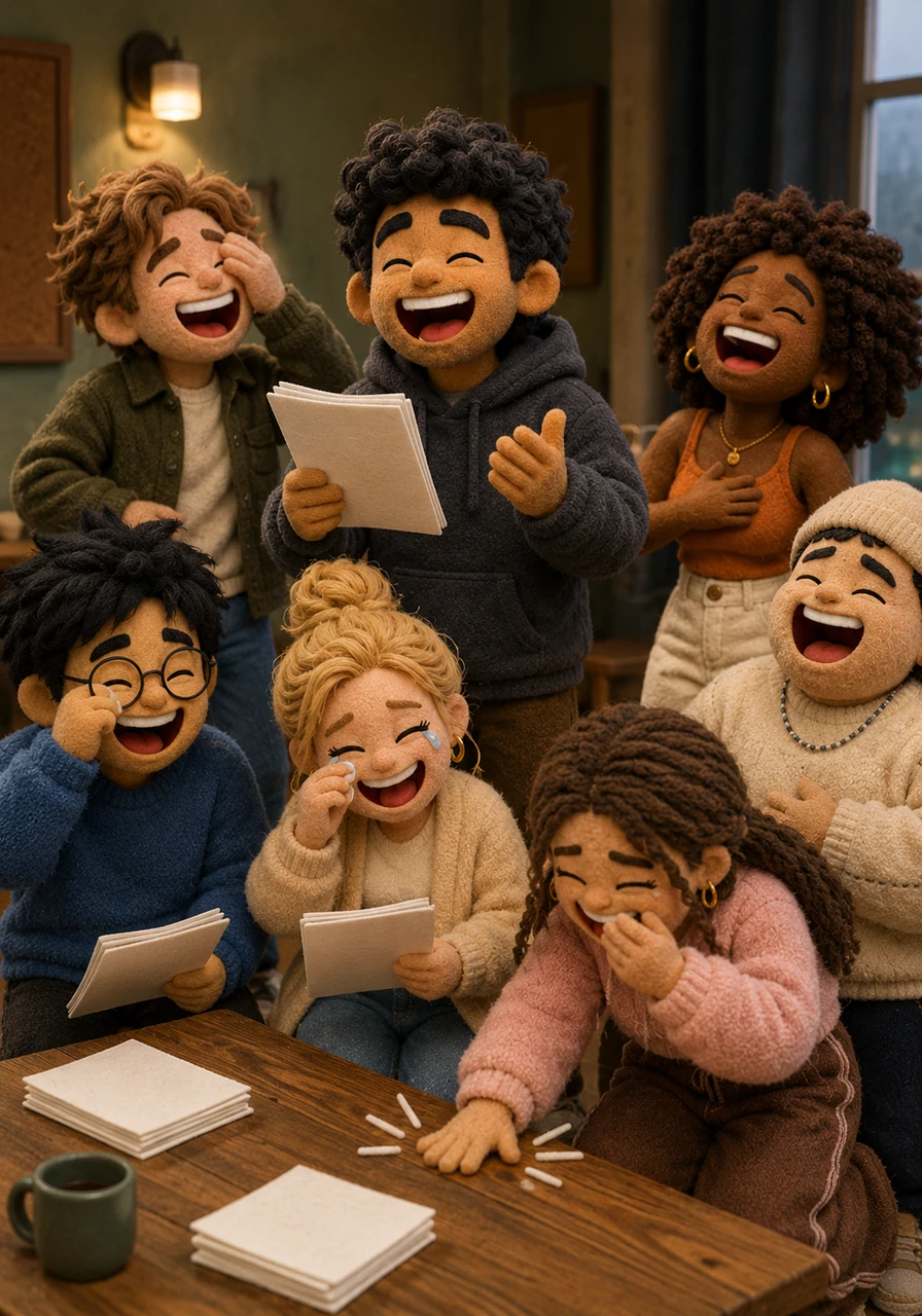 Rahul reads a witty line aloud, causing the actors to burst into unstoppable, genuine laughter that echoes through the room. One actor slaps the table in delight, while another wipes a joyful tear from their eye, proving the comedy is hitting all the right notes.