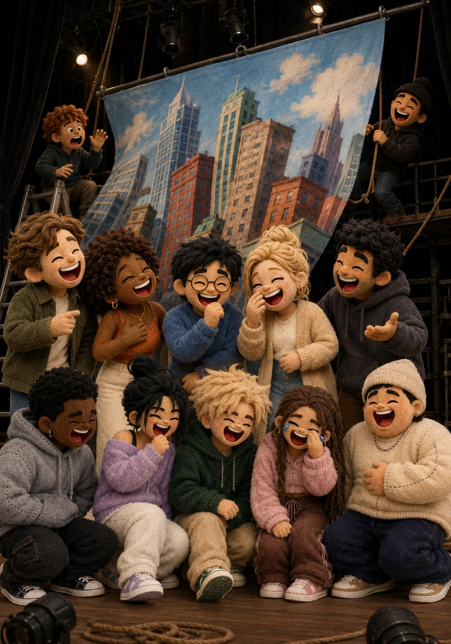 The stage crew joins the fun, accidentally dropping a colorful backdrop of a modern cityscape at the exact perfect comedic moment during a tense scene. Instead of panicking, the entire team pauses and erupts into collective amusement at the brilliant timing of the mishap.