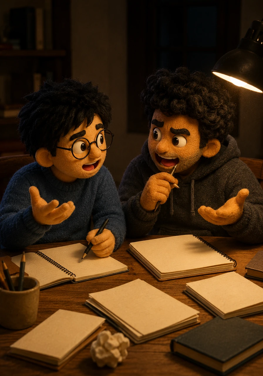 As night falls, Rahul and his co-writer sit side-by-side under the warm glow of a desk lamp, fiercely debating and refining the punchlines for the play's climax. Their shared energy is electric, turning a simple brainstorming session into a masterclass of comedic timing and mutual respect.