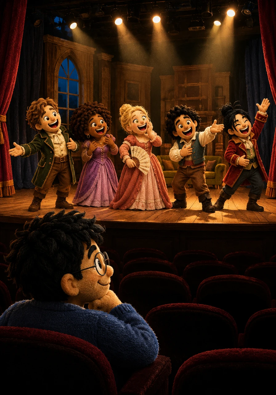 The dress rehearsal begins under vibrant stage lights, with all five characters delivering their lines with impeccable rhythm and hilarious expressions. Rahul watches proudly from the dark auditorium, seeing his modern story finally transition from scattered ideas into a seamless piece of art.