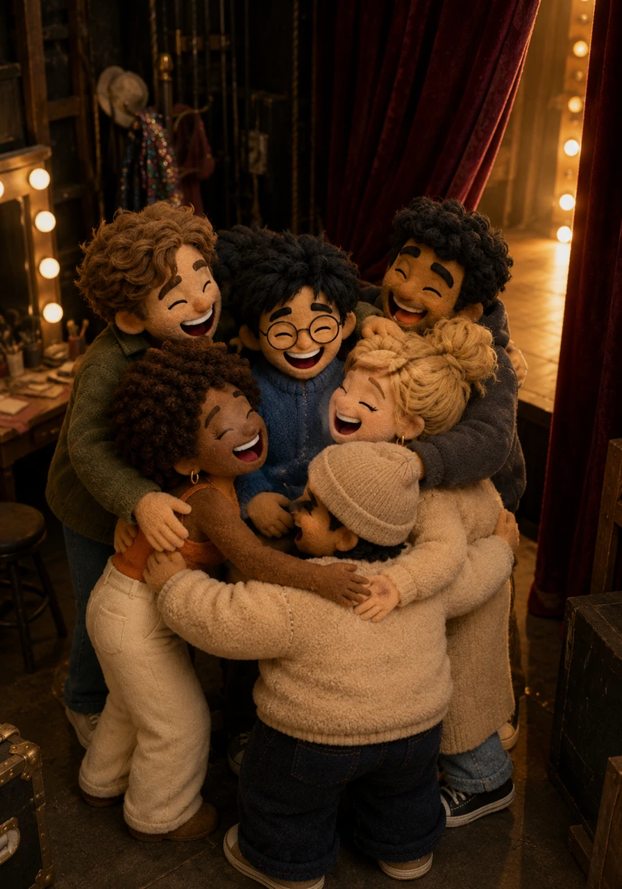 Backstage whispers turn into quiet giggles just minutes before the curtains rise, as the cast shares a tight, supportive group hug. The nervous excitement is palpable, but their bond as a comedic troupe shines brighter than the stage lights waiting for them.
