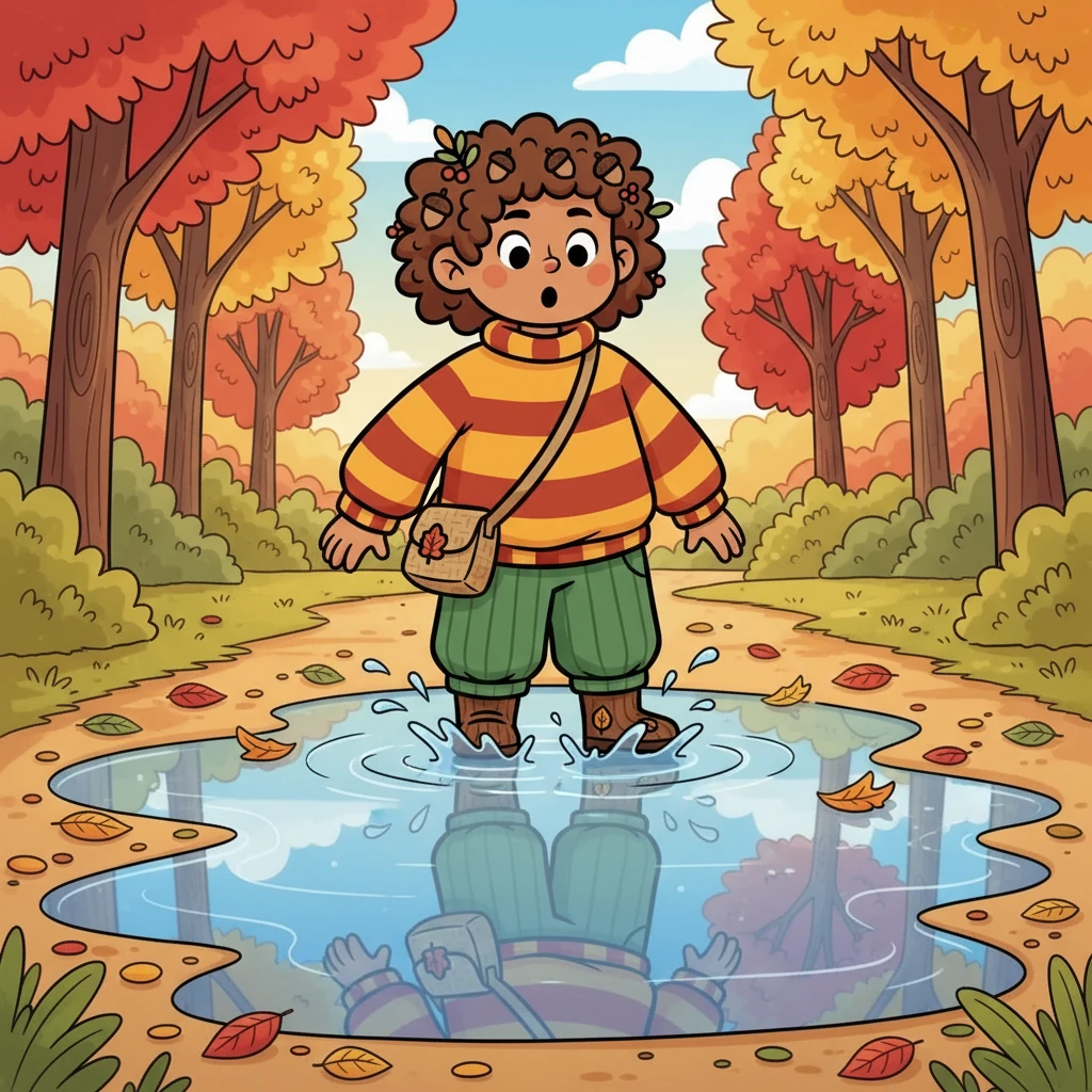 ¡Chap! Hoja sintió el agua fresca en sus pies. ¿Dónde estaban las gotas?  Una charca reflejaba el cielo azul y Hoja se maravilló con la magia del agua.