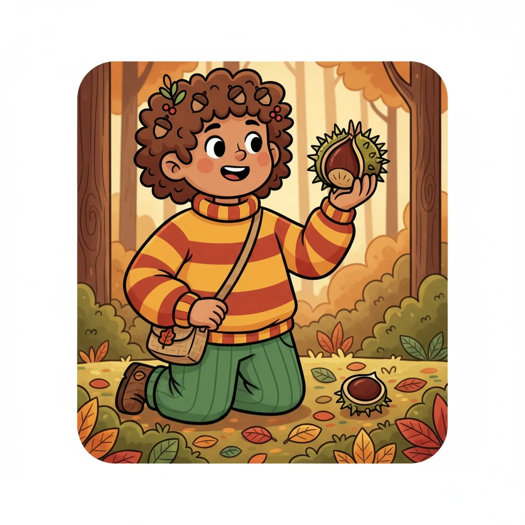 ¡Pinchos, pinchos! Hoja encontró una castaña marrón en el suelo. La castaña era dura y tenía pinchos, pero Hoja sabía que dentro había un tesoro.