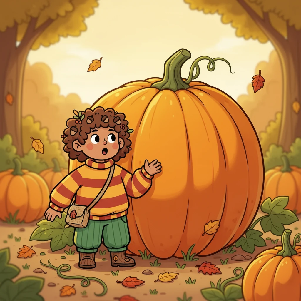Redonda, redonda, ¡la calabaza es grande! Hoja se sorprendió al ver una calabaza naranja gigante, más grande que ella. ¡Era perfecta para jugar!