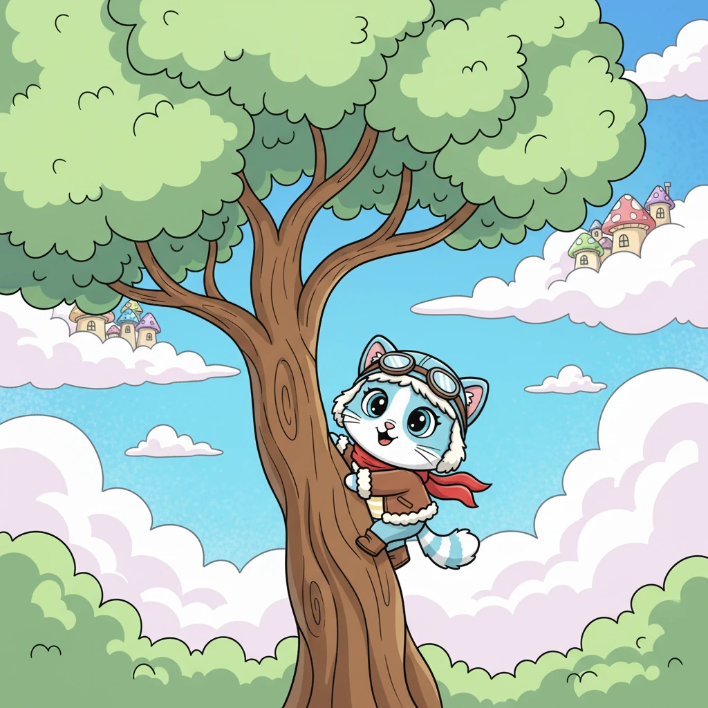 Lulu, a tiny cat with big dreams, lived in a cozy village hidden among fluffy clouds. Every day, she would climb the tallest tree, gazing up at the vast, shimmering sky. Her heart fluttered with a secret wish to soar like the birds.