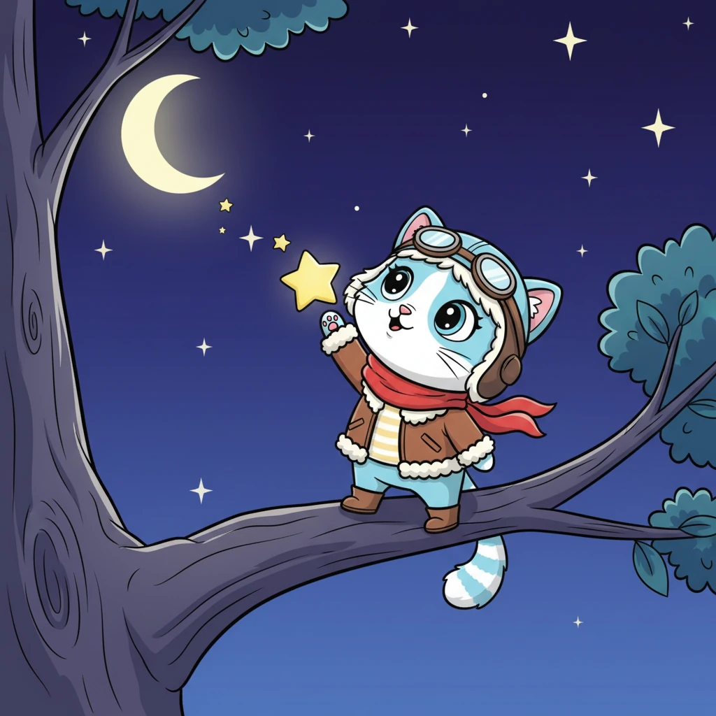 From her perch high in the tree, Lulu stretched her paws towards the glittering expanse above. "Oh, if only I could touch the stars!" she whispered, her eyes wide with wonder. The cool night air carried her hopeful sigh into the starlit heavens.