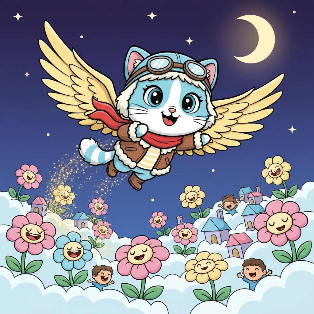 With a joyous leap, Lulu soared into the night sky, her new wings beating gracefully. She flew high above her cloud village, spreading a trail of golden dust wherever she went. The dust made the sleepy flowers below bloom with smiles and filled the air with the happy laughter of children.