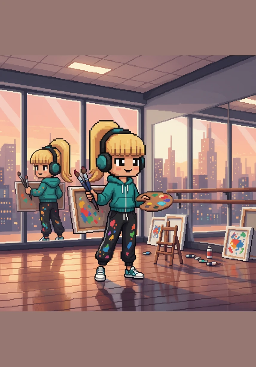 Talia stands in the center of a sleek, modern dance studio, her reflection mirrored in the floor-to-ceiling glass. She wears a simple black athletic outfit, her mind focused on the upcoming tour as she begins to stretch her limbs with precision.