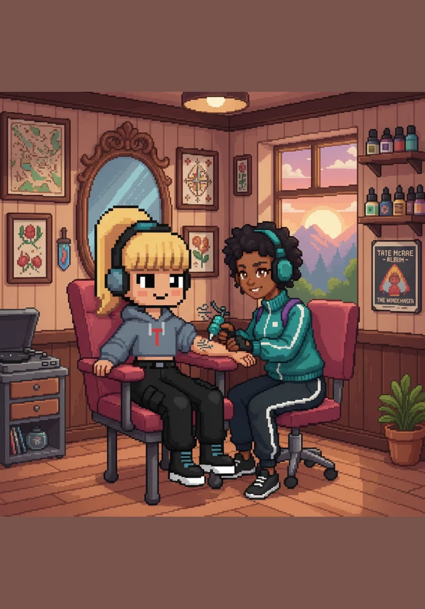 In a boutique tattoo parlor filled with vintage sketches and soft ambient music, Talia works with an artist to design intricate patterns for her arms. Each delicate line and bold shape represents a song she has written or a hurdle she has overcome on her path to fame.