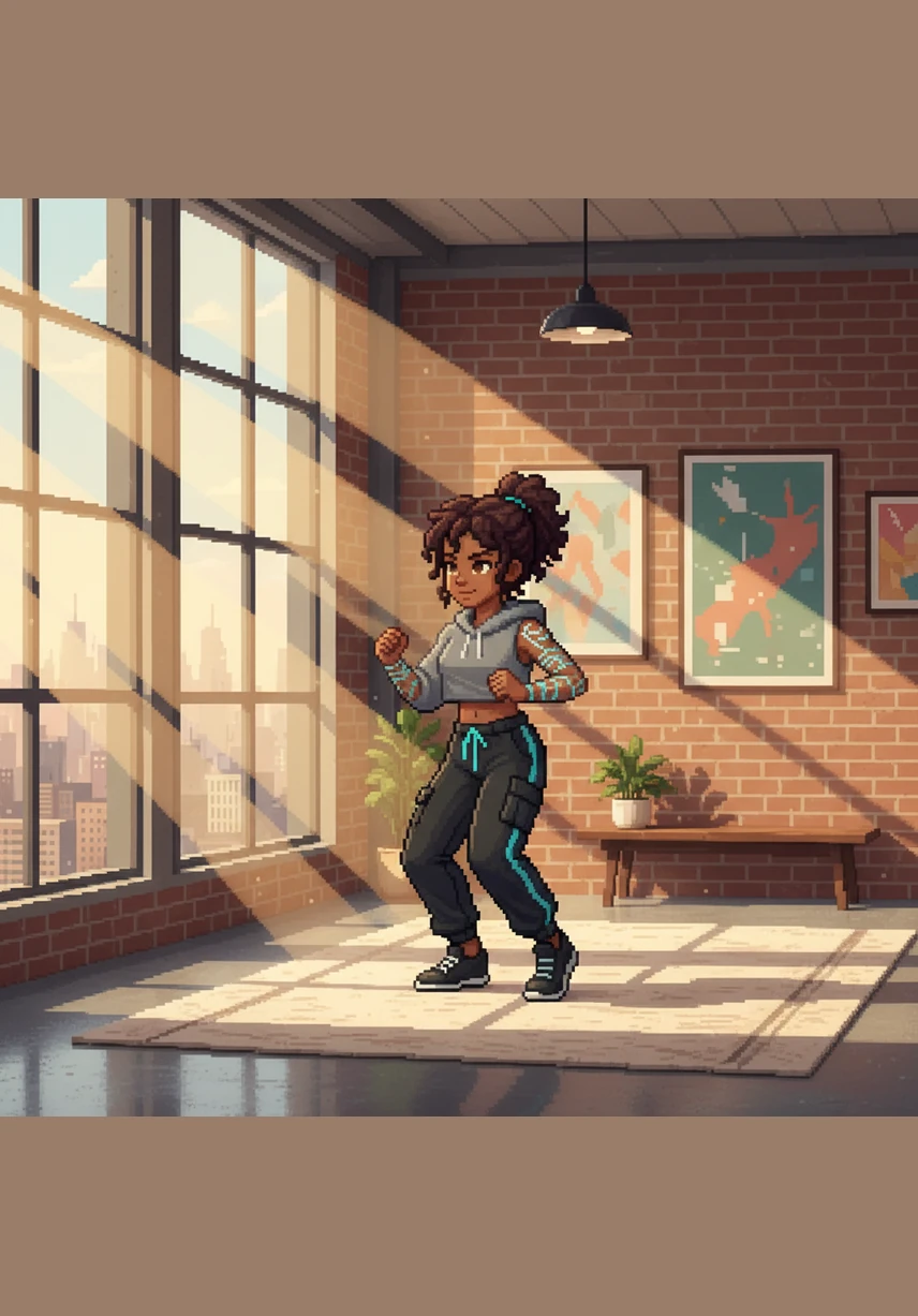 Sunbeams stream through the windows of a high-rise loft where Talia practices her complex footwork. Her new ink is visible against her skin, a permanent map of her artistic evolution that moves in perfect sync with her rhythmic body.