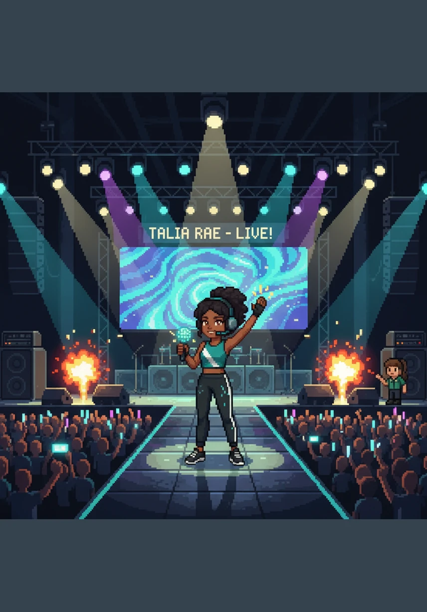 The stage erupts in a flash of strobe lights and cheering voices as Talia makes her grand entrance. She holds the microphone high, her presence commanding the room while the neon lights catch the intricate details of her tattoos.