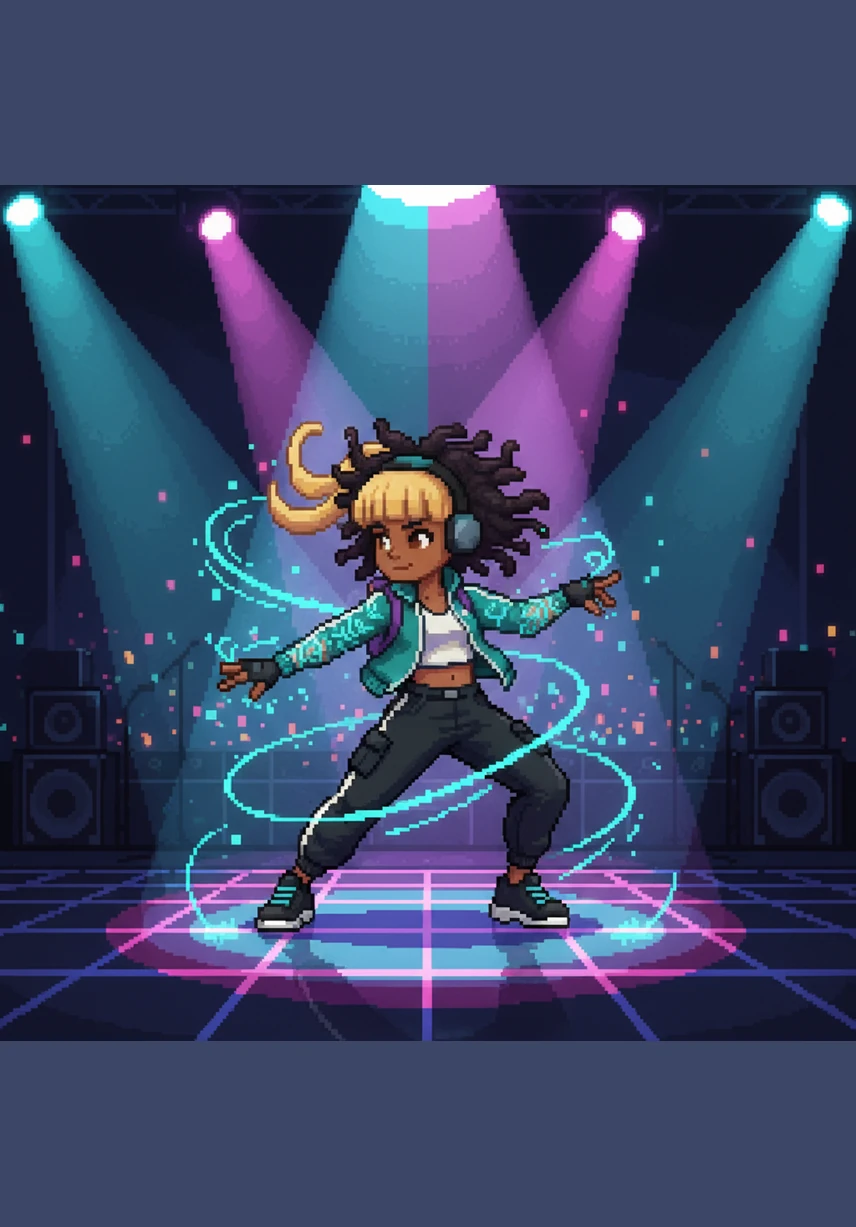 During a high-energy dance break, Talia becomes a blur of motion and color under the spotlight. The ink on her arms seems to dance along with her, emphasizing every sharp gesture and fluid movement of her powerful performance.