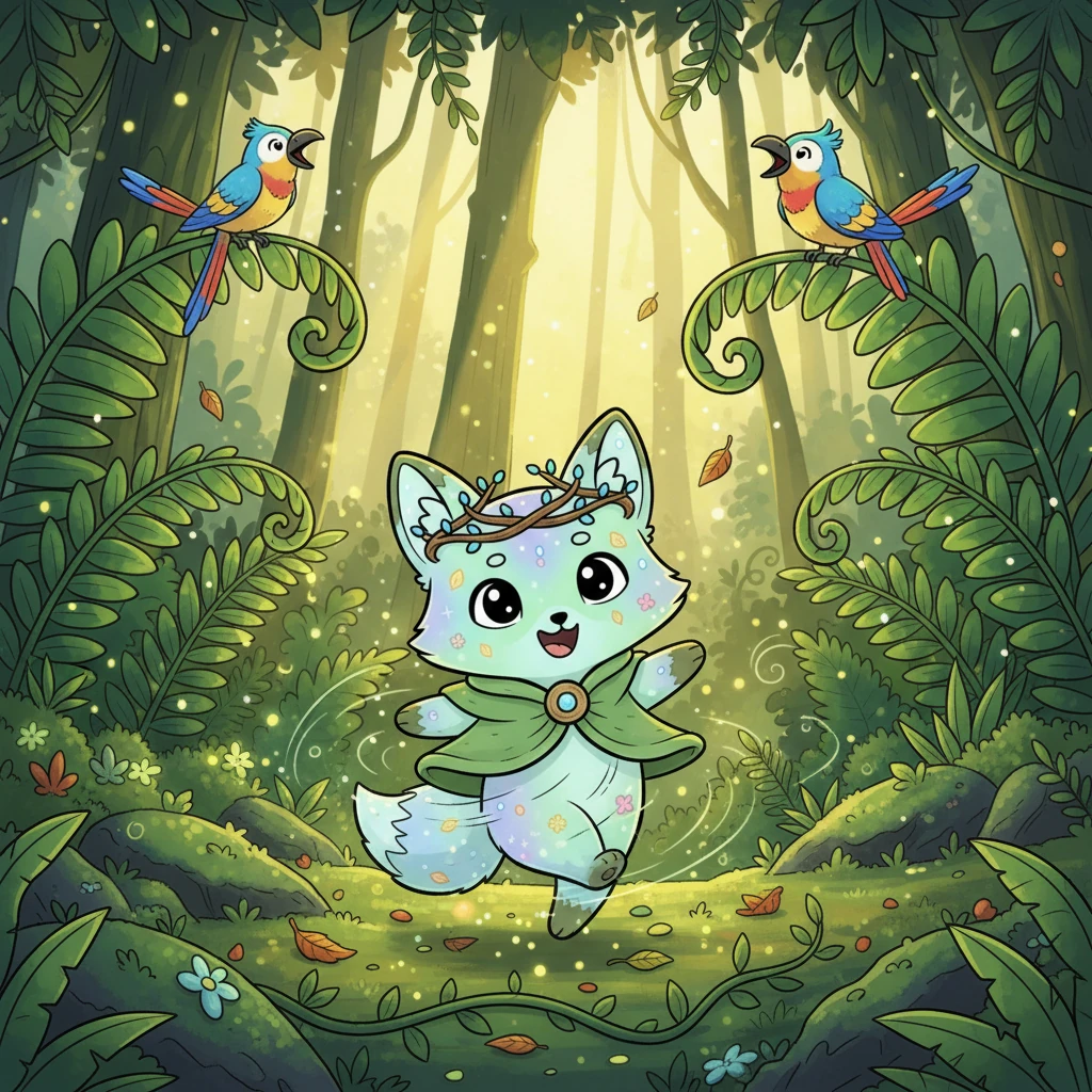 Sylvan, a small fox-like spirit woven from glowing green vines and autumn leaves, twirled joyfully through a vibrant ancient rainforest. Sunbeams dappled through giant emerald ferns, painting the forest floor in shimmering patterns as colorful tropical birds sang sweet melodies. The air hummed with magic and serene peace, a perfect paradise for the playful spirit.
