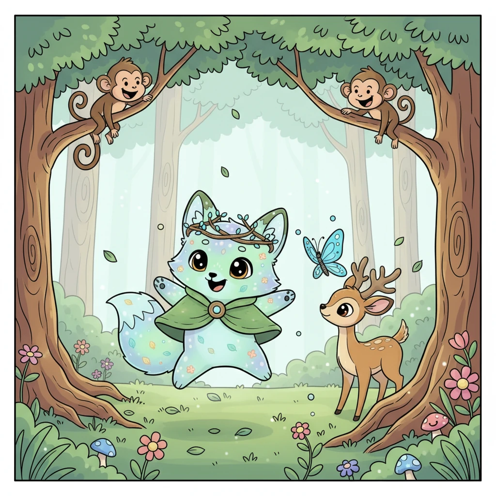Sylvan playfully chased a shimmering blue butterfly past towering trees, its amber eyes sparkling with delight. Friendly monkeys chattered from high branches, and a gentle deer nuzzled Sylvan's glowing leaf-fur. Every corner of the forest was alive with happy creatures, all thriving in harmony with the whimsical spirit.