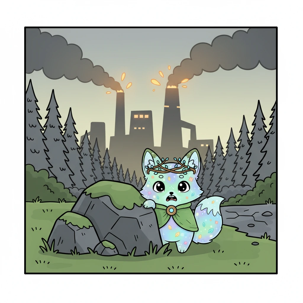 The rumbling grew louder, and dark, ominous silhouettes of heavy machinery appeared at the forest's edge, spewing orange glowing sparks. Sylvan, now visibly fearful, pressed itself tightly behind a large, mossy rock, its vibrant green glow dimming slightly. The edges of the lush forest began to turn a dull grey and smoky, a stark contrast to its former beauty.
