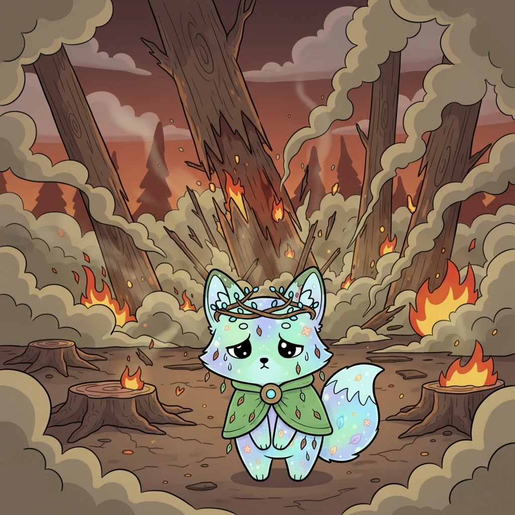 With a heavy heart, Sylvan watched as towering trees crashed down, their mighty forms reduced to splintered wood. The ground trembled with each impact, and the air grew thick with dust and the acrid smell of fire. Sylvan felt its own vibrant leaf-fur starting to wilt, reflecting the destruction unfolding around it.