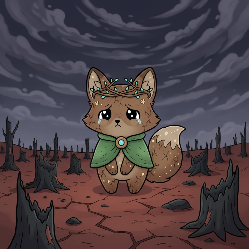 The once-lush rainforest was now a barren wasteland of charred tree stumps and cracked red earth, stretching as far as the eye could see. Sylvan stood alone, its leaf-fur turned brown and dry, its magical glow almost gone. Above, a dark, heavy, polluted sky loomed, casting a somber and emotional shadow over the desolate landscape.