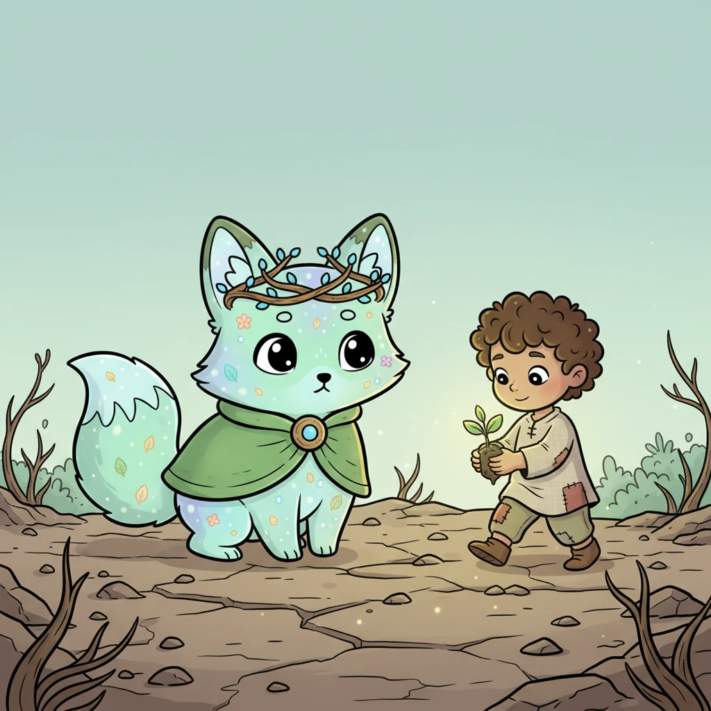 As despair threatened to engulf the little spirit, a small, hopeful flicker caught Sylvan's attention. A human child, no bigger than a sapling, cautiously stepped into the edge of the wasteland, carrying something precious in their tiny hands. Sylvan watched, a tiny spark of curiosity returning to its amber eyes.