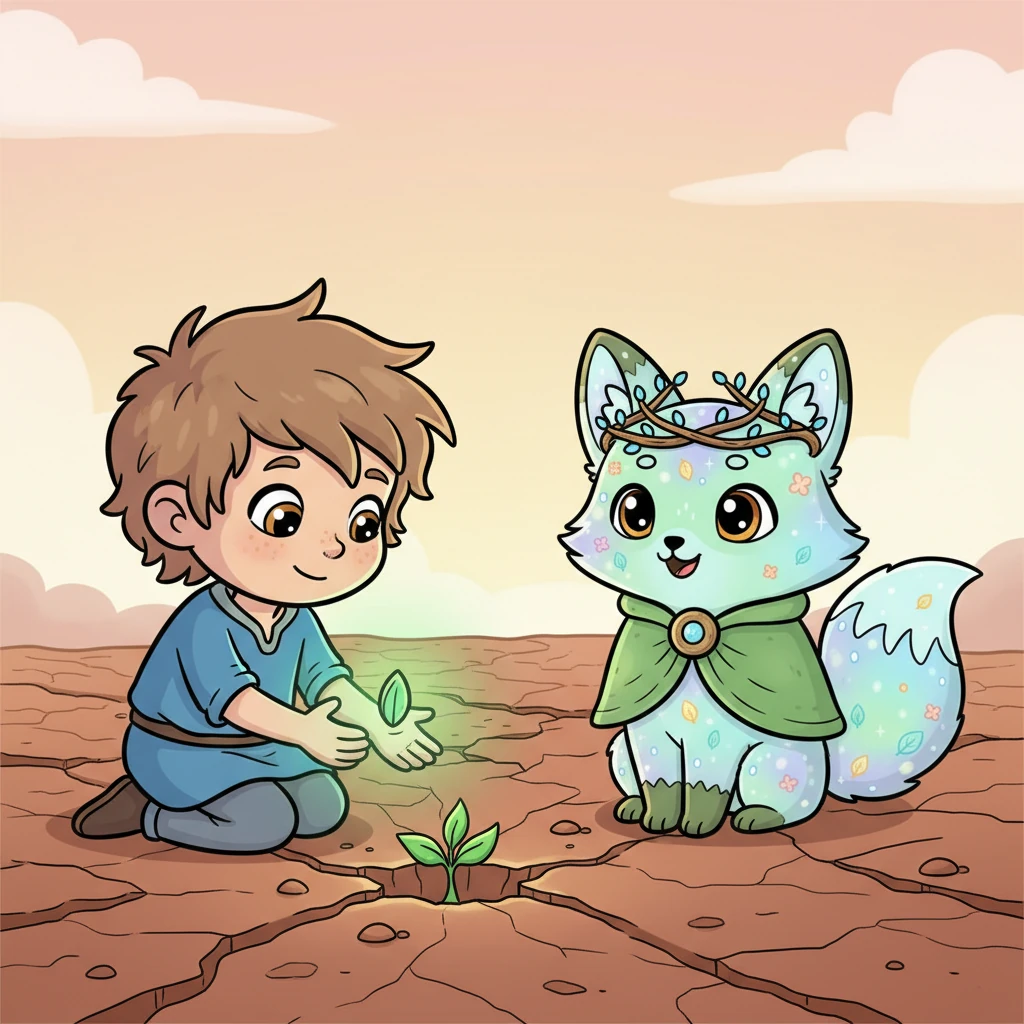 The child knelt beside Sylvan, their small hand gently placing a glowing green seed into the dry, cracked earth. Almost instantly, a tiny, vibrant green sprout pushed through the soil, radiating a faint warmth. Sylvan looked up at the child, its large amber eyes now filled with a powerful, renewed spark of hope.