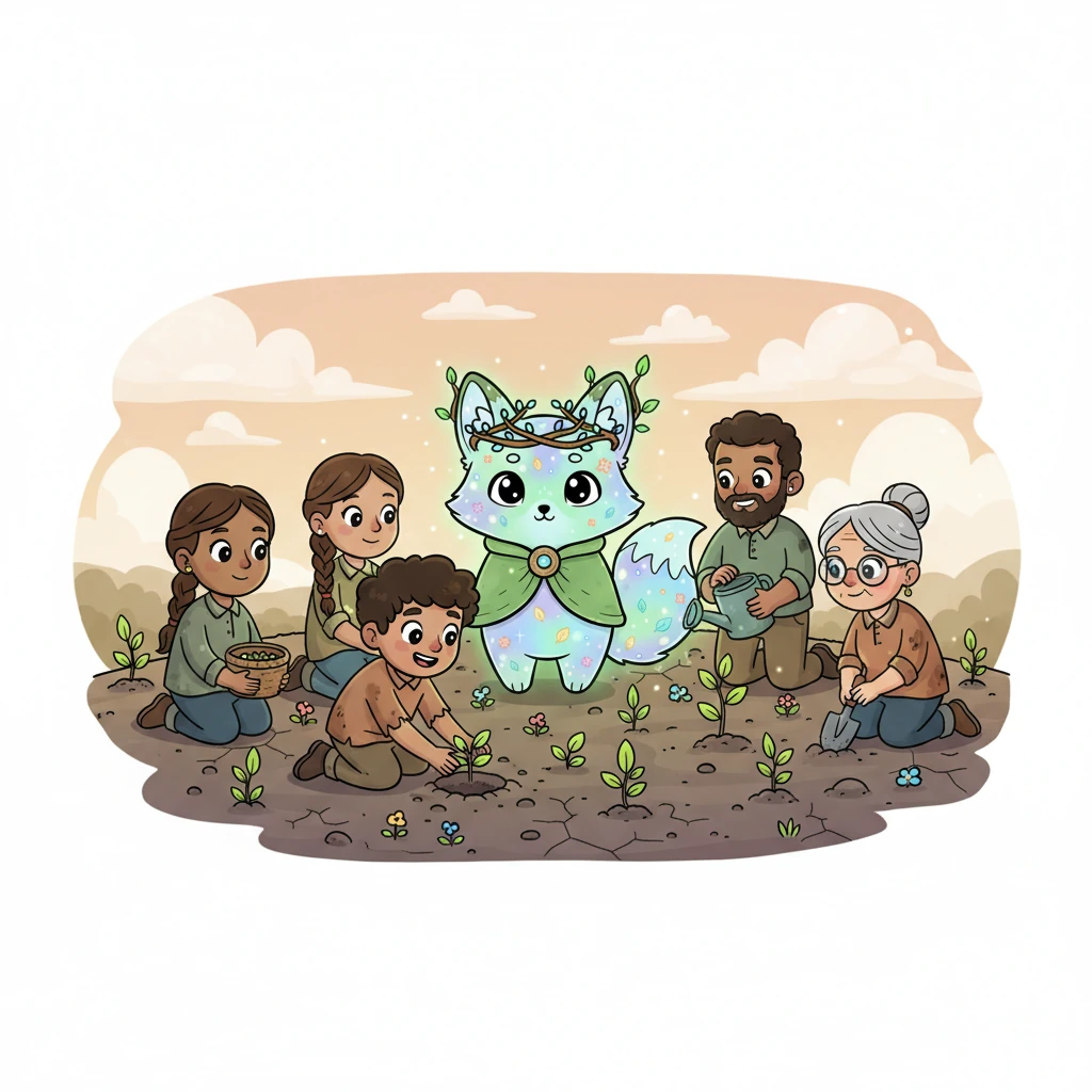 Inspired by the child's act, Sylvan felt a faint surge of its own magic return, its leaves regaining a hint of green. The child, joined by other community members, began diligently planting more seeds and young trees across the scarred land. A shared sense of purpose and a gentle hum of hope filled the air as the restoration began.