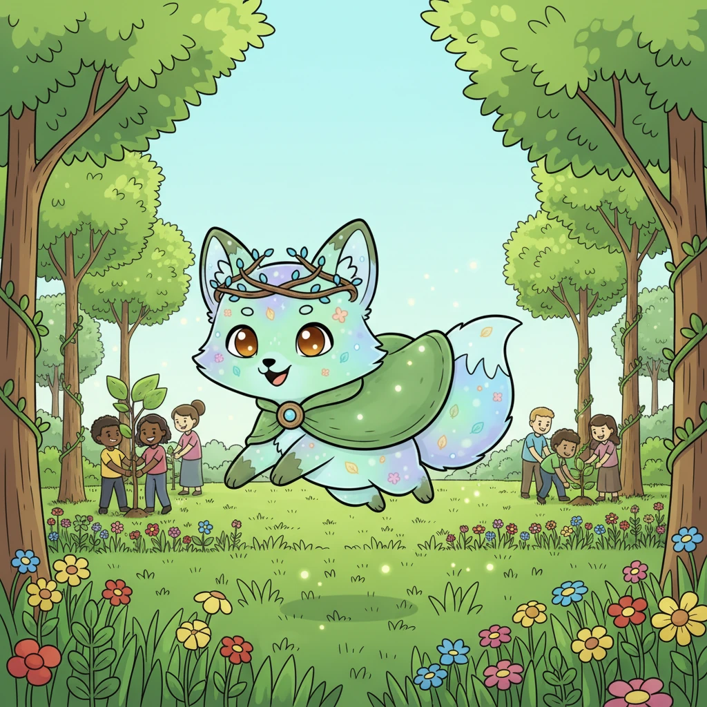 A wide, cinematic view revealed a new, young forest thriving where the wasteland once lay, bursting with fresh greenery and wildflowers. Sylvan, now vibrant and glowing again, joyfully leaped through the flourishing landscape, its amber eyes bright with life. In the distance, the community continued to plant and nurture, celebrating a restored world reborn.