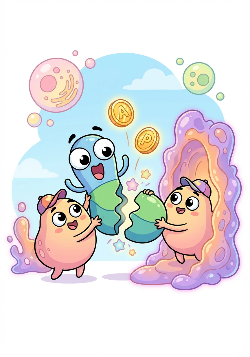 Gluko entered the Glycolysis Gate, where magical worker enzymes awaited. They began breaking him down, earning two glowing ATP coins! This process happens without oxygen and is called anaerobic respiration.