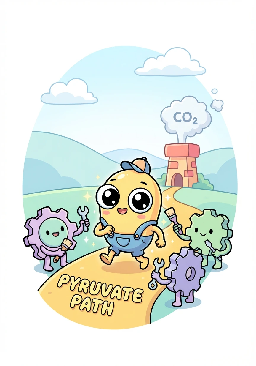 Next, Gluko traveled to the Pyruvate Path, where more enzymes transformed him. This stage, called Pyruvate Oxidation, prepped him for the grandest adventure yet. Carbon dioxide was released, like smoke from a tiny chimney.