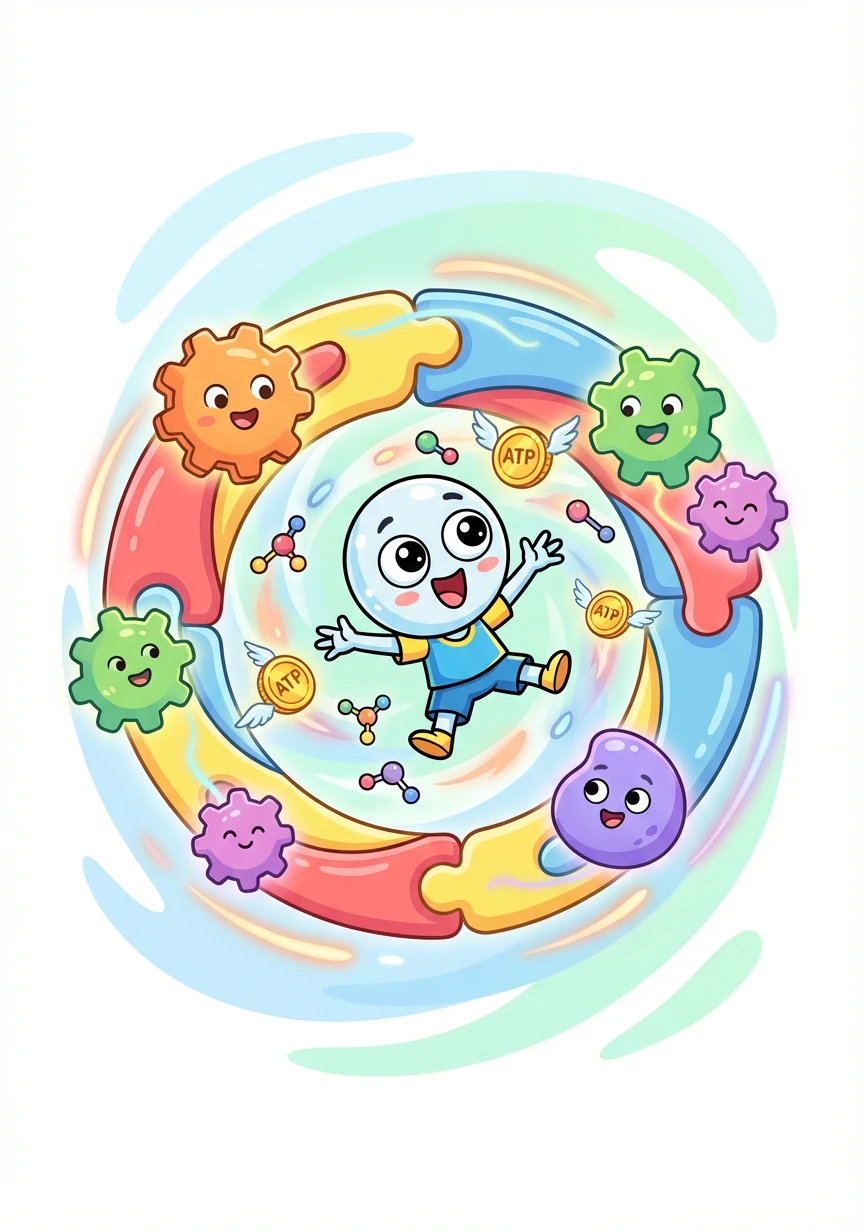 Gluko bravely entered the Citric Acid Cycle Arena, a swirling vortex of activity. Enzymes spun him around, releasing more ATP coins and important molecules. It was a dazzling display of cellular teamwork!