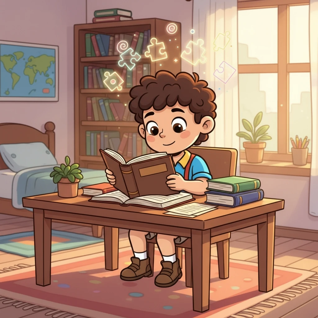 Isaac, sentado en su escritorio, lee atentamente un libro grueso. La luz del sol ilumina su rostro mientras se concentra en las palabras. En su mente, las ideas comienzan a tomar forma, como piezas de un rompecabezas que se unen.