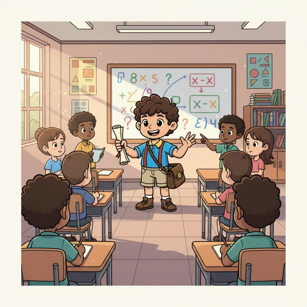 Isaac, en un aula, formula hipótesis con entusiasmo. Comprende que las variables y las hipótesis son herramientas fundamentales para dar dirección a su investigación. La clase es un espacio de descubrimiento y crecimiento.