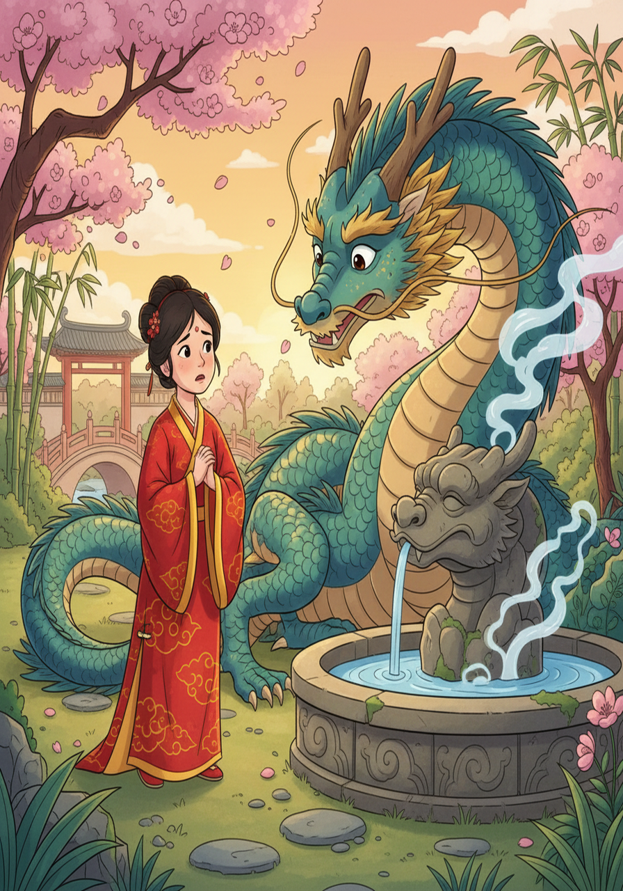 一天，当艾莉娅公主在花园里玩耍时，她听到了一种奇怪的呼唤。她循着声音走去，发现了一只巨大的、友善的巨龙，它静静地躺在古老的喷泉旁边。艾莉娅公主感到既害怕又好奇。
