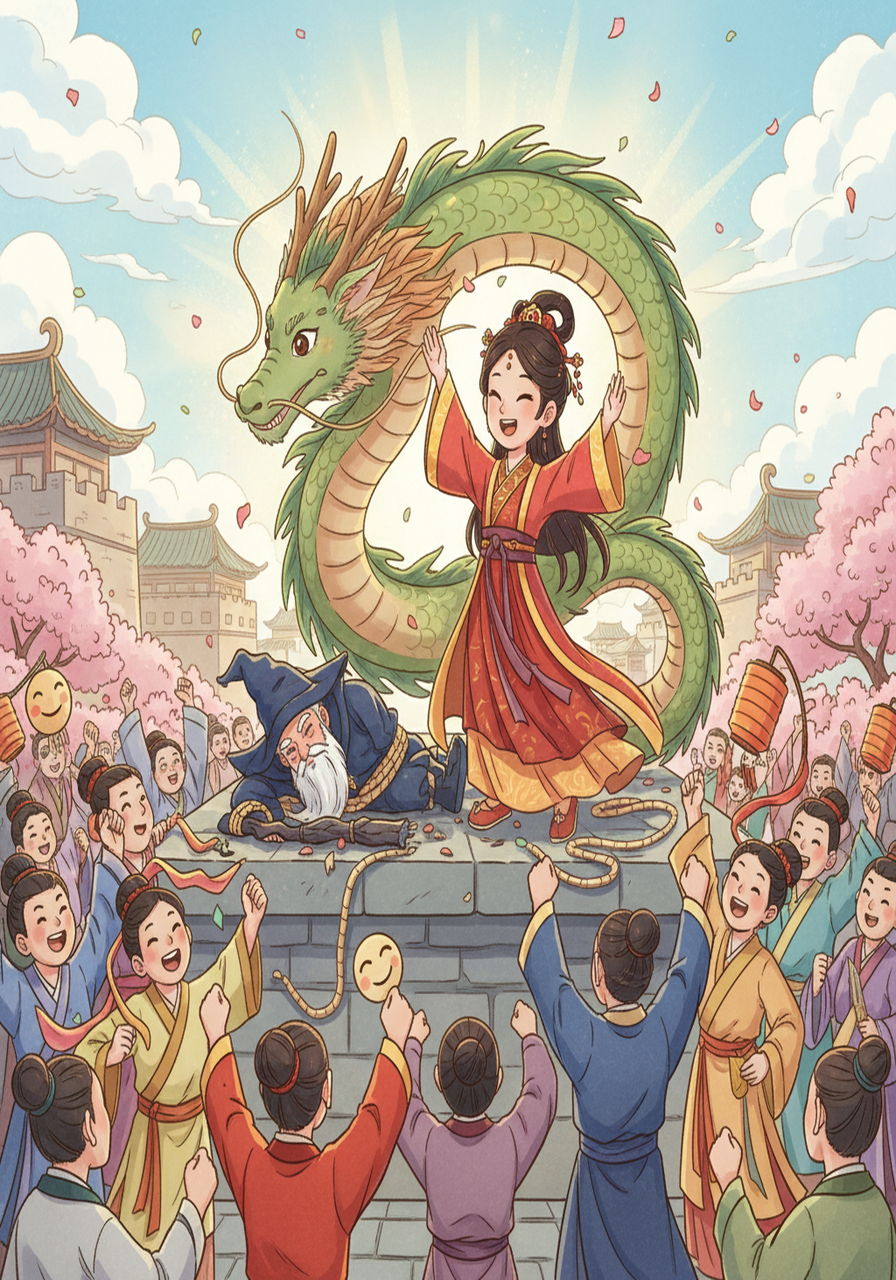经过一番激烈的战斗，艾莉娅公主和巨龙成功地击败了巫师。王国恢复了和平与光明，人民欢欣鼓舞。他们一起庆祝了胜利，感谢公主和巨龙的勇敢。