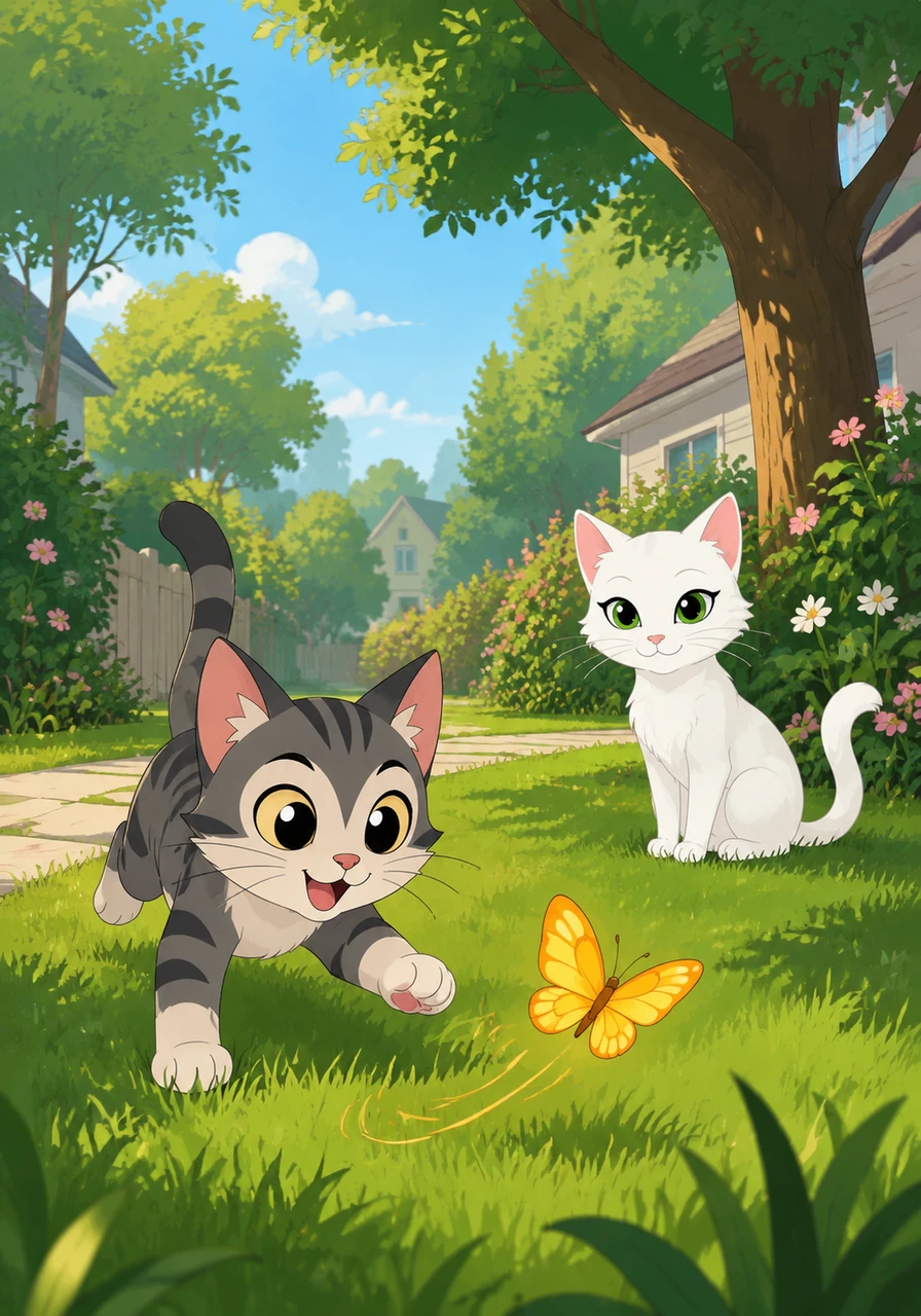 In a quiet neighborhood filled with lush green gardens and tall trees, a curious and adventurous little cat named Miau loved to explore. One sunny afternoon, while playfully chasing a golden butterfly through the grass, he stumbled upon a beautiful white cat with brilliant green eyes named Pelusa.