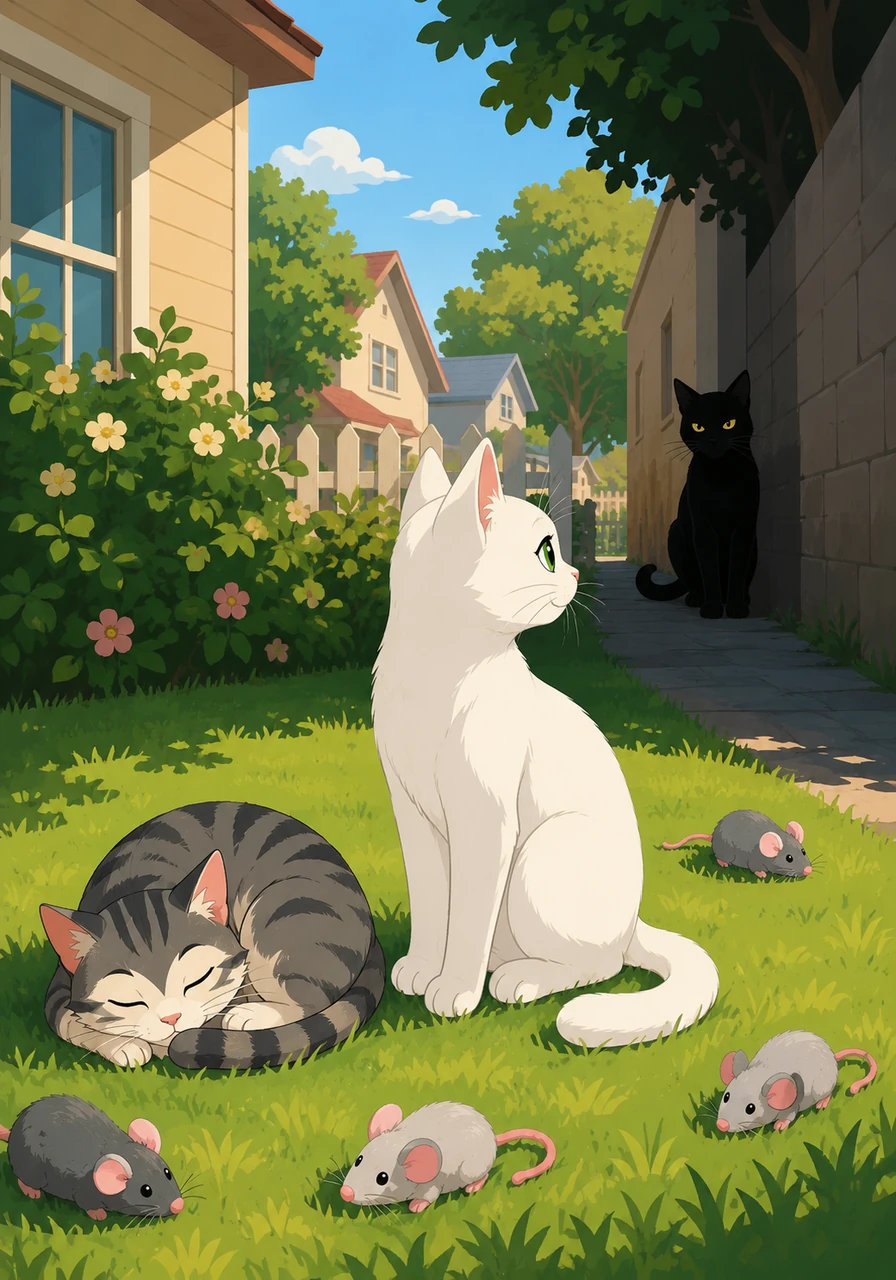 As the months passed, the two cats became completely inseparable, spending their days sharing toy mice and napping together under the warm sun. However, their peaceful routine was challenged when a mysterious black cat named Sombra arrived in the neighborhood, catching Pelusa's attention.