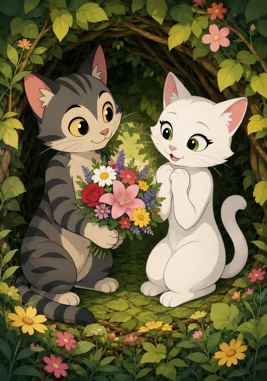 Feeling a wave of insecurity, Miau chose not to fight Sombra, but rather to show Pelusa how much she truly meant to him. He gently brought her the most beautiful flowers from the garden and created cozy, secret hiding spots where they could relax without any interruptions.