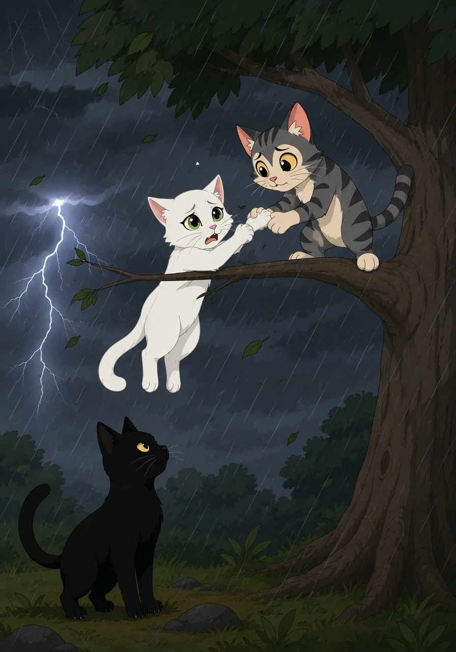 During a sudden, violent summer storm, Pelusa found herself stranded high up on a swaying tree branch, terrified. While Sombra tried and failed to reach her, Miau bravely conquered his fears, climbed the rough bark, and guided Pelusa safely back to the ground.