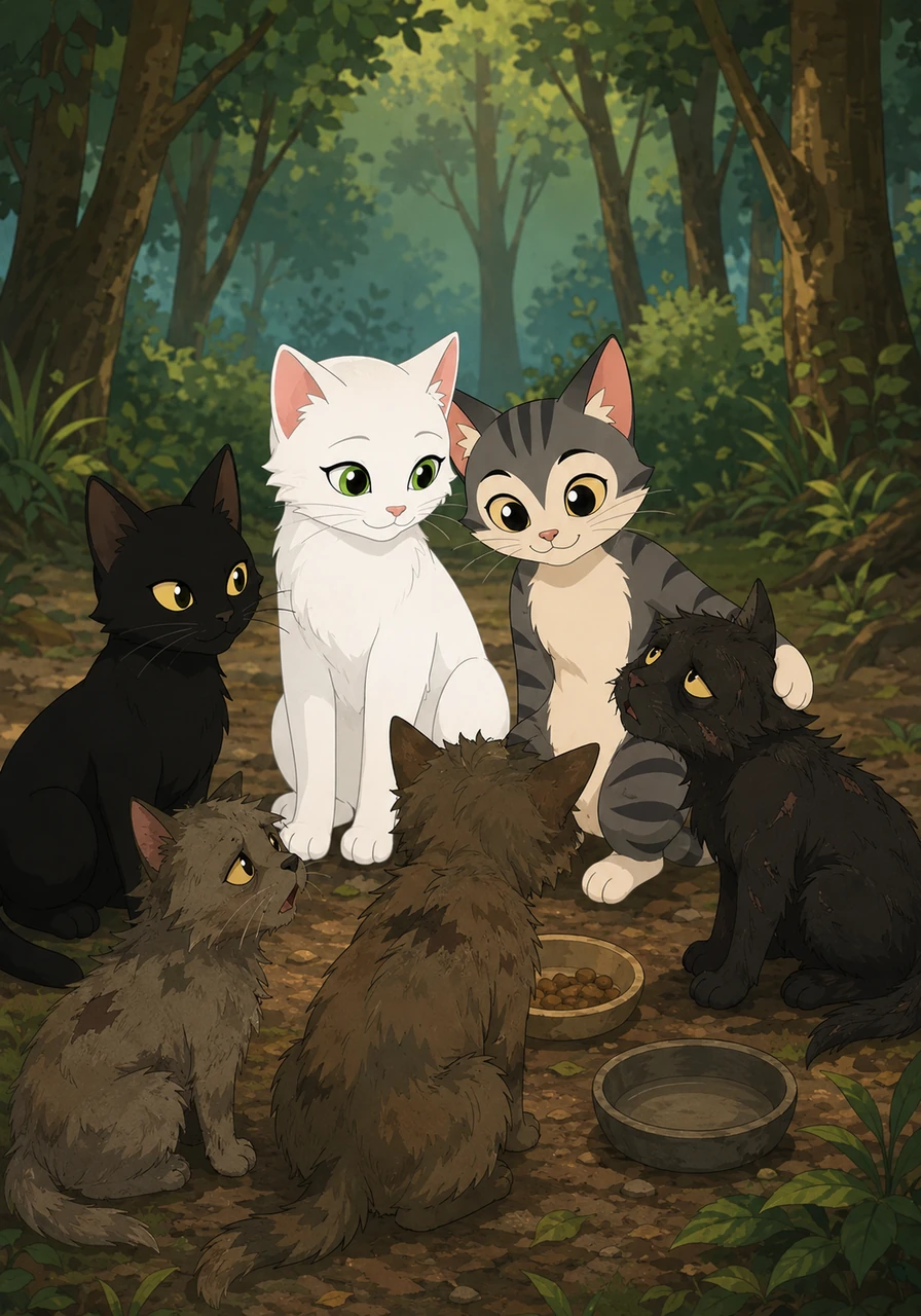 Having deepened their bond through trust and shared challenges, Miau and Pelusa decided to venture beyond their familiar neighborhood. Their curiosity led them into a nearby forest, where they discovered a small group of homeless alley cats who were hungry and in need of comfort.