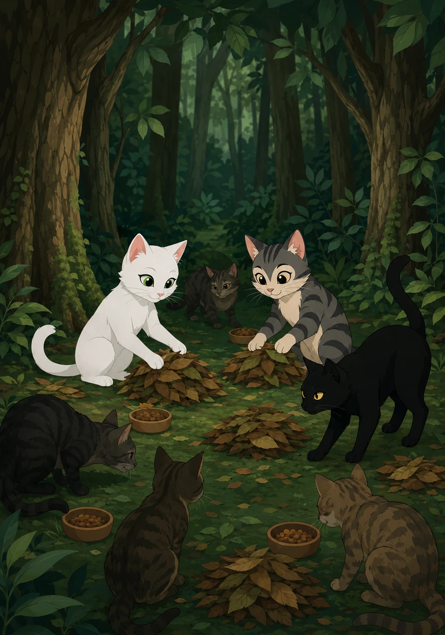 Driven by their kind hearts, the duo began secretly carrying food to their new forest friends and helping them find cozy places to sleep. They worked seamlessly as a team, ensuring that no cat was left behind or forgotten in the wilderness.