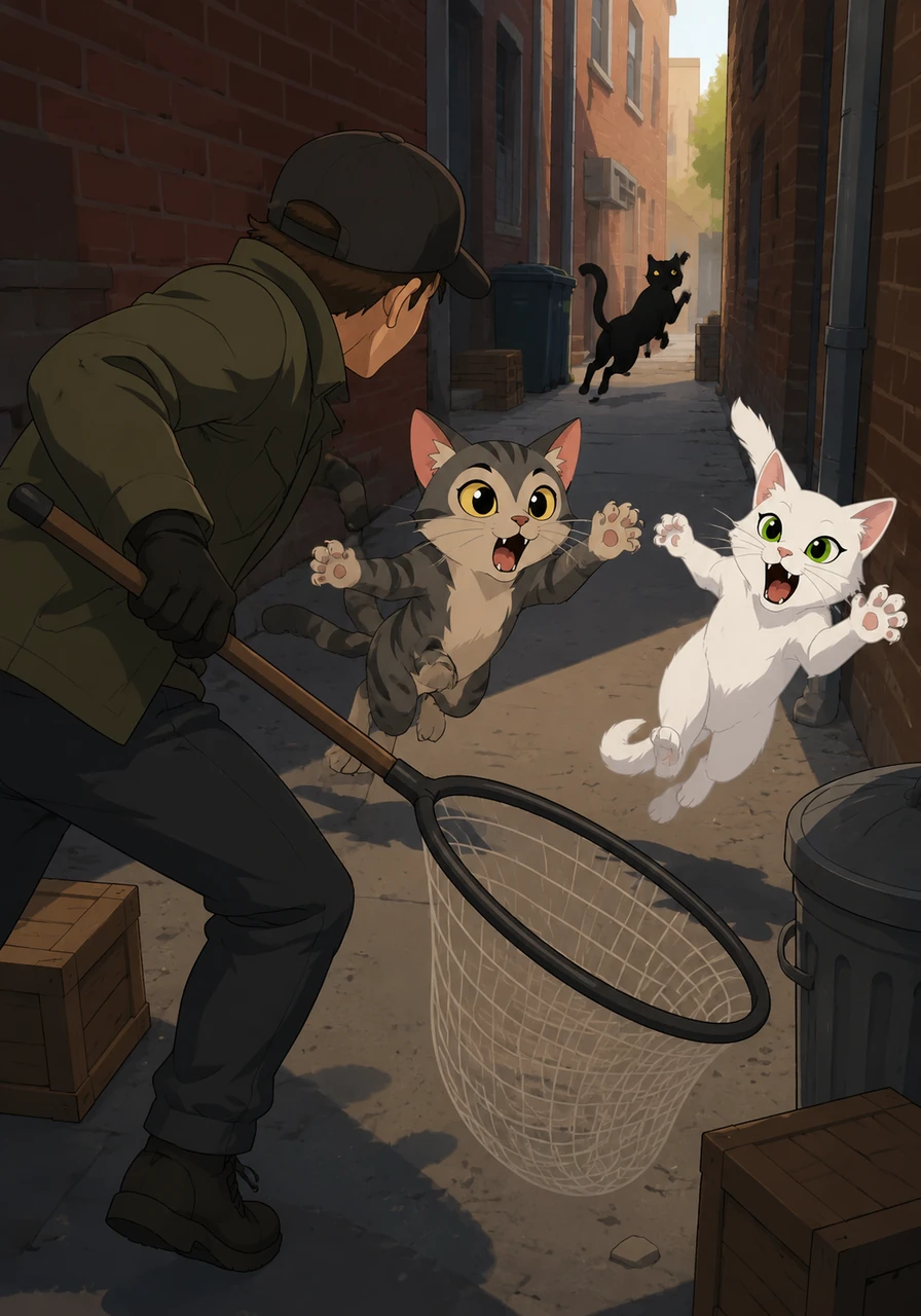 The situation grew tense when a human arrived with a net, attempting to capture the alley cats to take them away. Quick on their paws, Miau and Pelusa executed a clever distraction plan, leaping and meowing to draw the human's attention while the other cats safely darted away.
