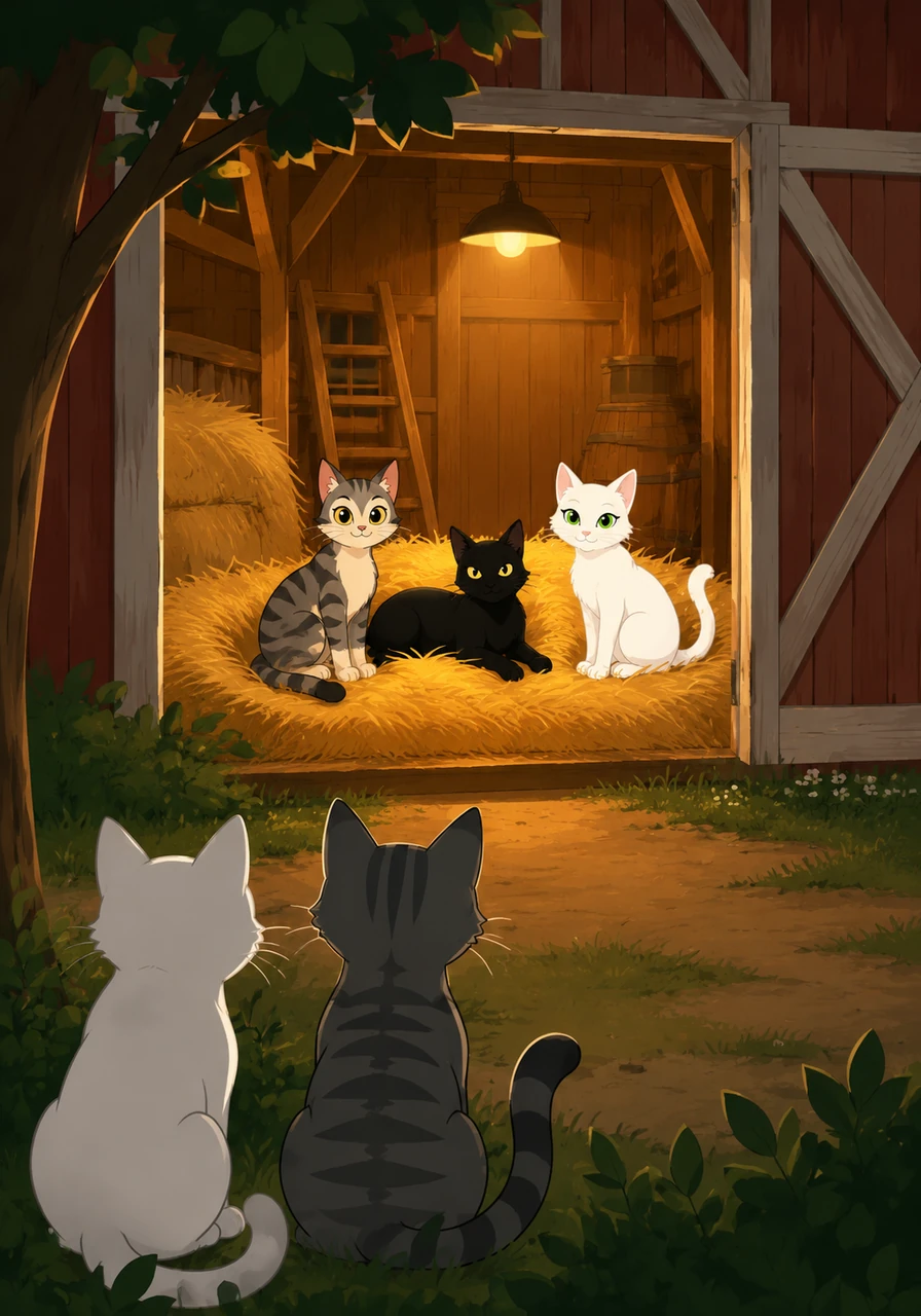 Thanks to their bravery, the forest cats successfully escaped and found a permanent, cozy new home inside a warm nearby barn. Miau and Pelusa watched from a distance, happy to see their friends safe and sound after such a thrilling rescue.