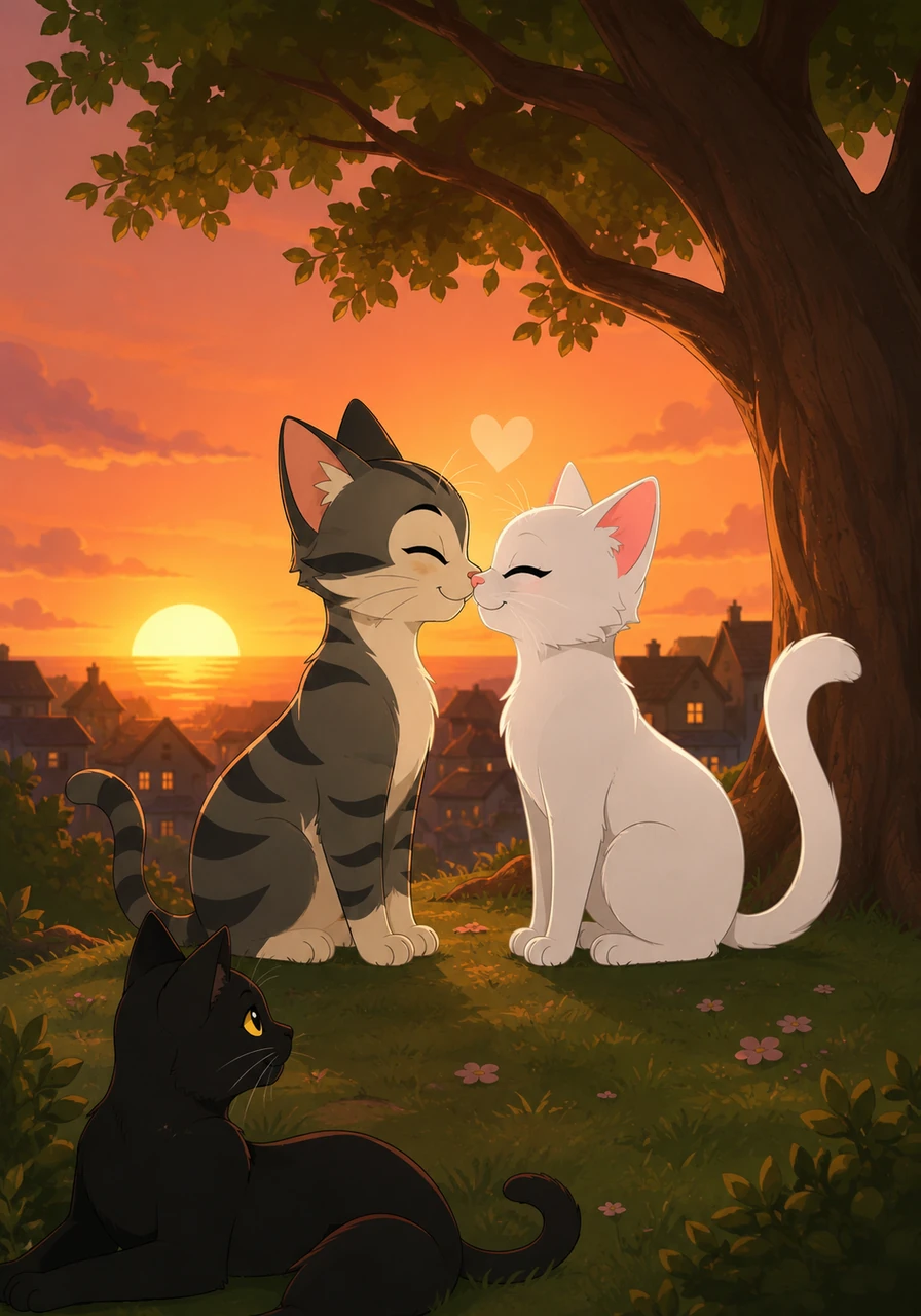 As the sun set warmly over their favorite tree, Miau purred softly and told Pelusa she was his true home. Pelusa gently rubbed her nose against his, replying that he was her favorite adventure, sealing a beautiful love story that would be whispered among the neighborhood cats for generations.