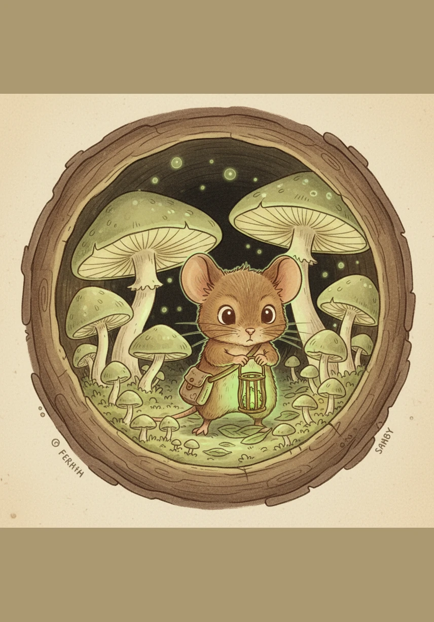However, as soon as the sun dipped below the hills, Pip would scurry inside his hollow log. He surrounded his bed with glowing mushrooms because the deep, silent dark made his heart thump like a drum.