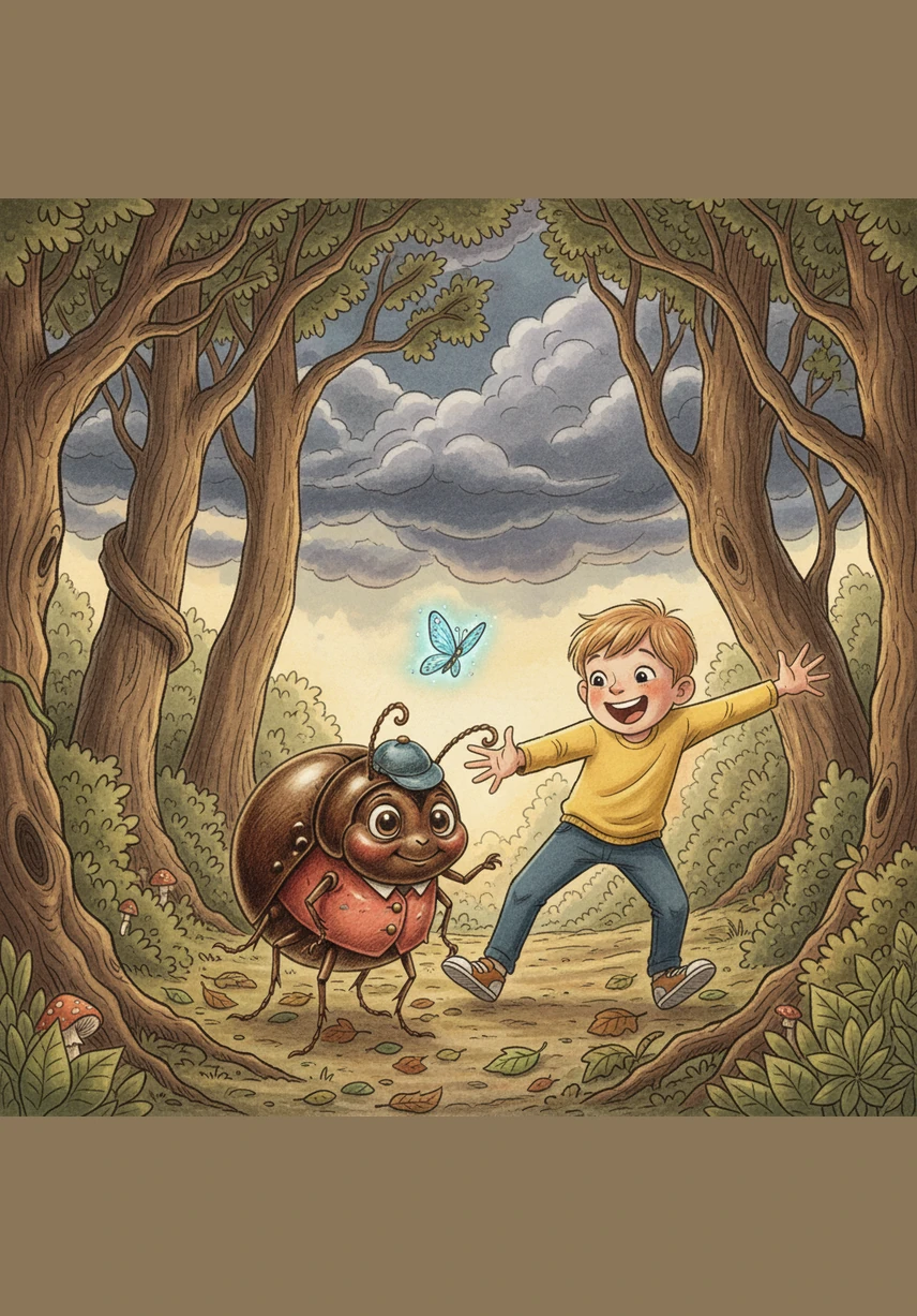 One afternoon, Pip’s best friend, a cheerful beetle named Barnaby, was chasing a shimmering blue butterfly near the edge of the Whispering Woods. They were laughing and playing, unaware of the clouds gathering above.