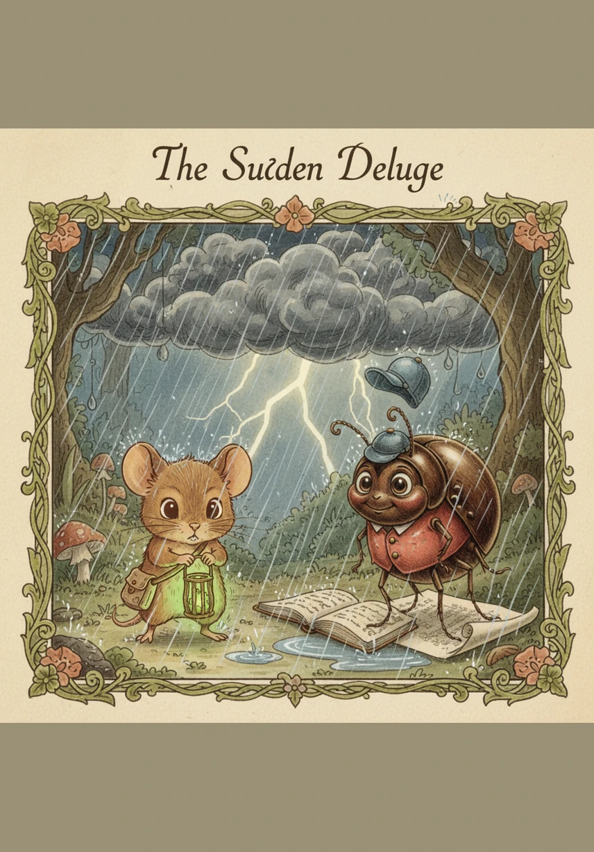 A sudden thunderstorm rolled in, shaking the ground with loud booms. Seeking shelter from the heavy rain, Barnaby ducked into the dark opening of the Shadow Cave and disappeared from sight.