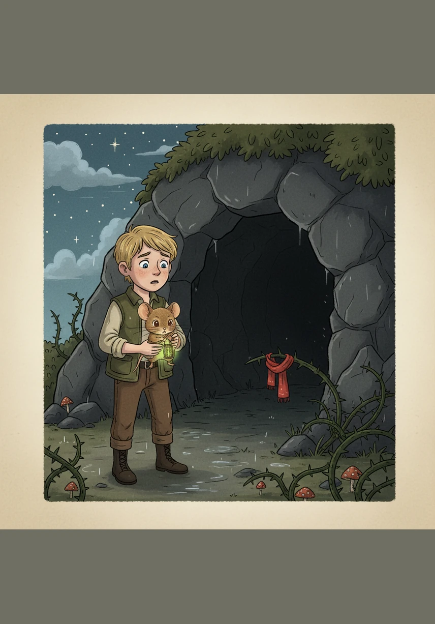 When the rain stopped and the stars began to peek out, Pip realized Barnaby was missing. He found Barnaby’s favorite red scarf snagged on a bramble bush right at the entrance of the scary cave.