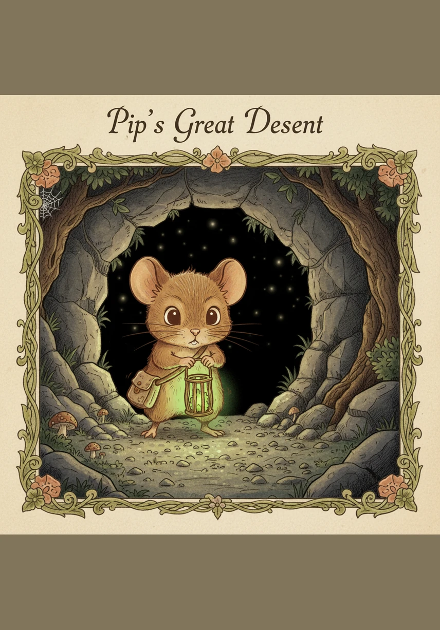Pip stood at the mouth of the cavern, staring into the pitch-black void that seemed to swallow all the light. His knees shook, and he wanted to run back to his glowing mushrooms more than anything.
