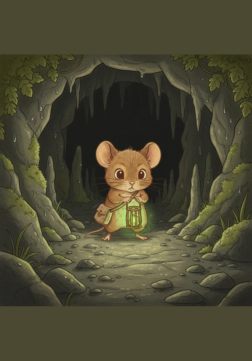 With his tiny lantern held high, Pip took his very first step into the cave. The air felt cool and smelled of wet earth, and the silence was broken only by the soft pitter-patter of his paws.