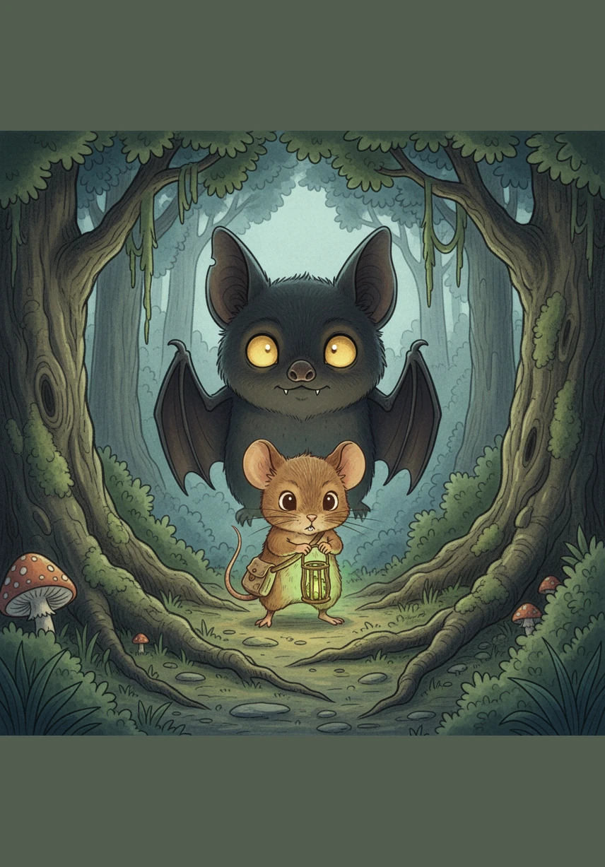 Suddenly, a pair of large, glowing eyes appeared above him, and Pip froze in terror. But the eyes belonged to Echo, a friendly bat who was just waking up for his nightly flight.